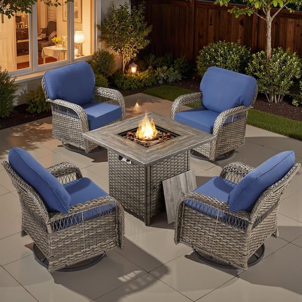 Tyber Gray 5-Piece Wicker Patio Fire Pit Conversation Furniture Set with 5 in. Blue Cushions Outdoor Swivel Chairs