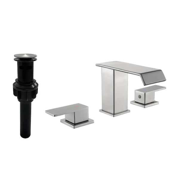 AIMADI 8 in. Widespread Double Handle Waterfall Bathroom Faucet with Drain Assembly 3-Hole Bathroom Sink Taps in Brushed Nickel