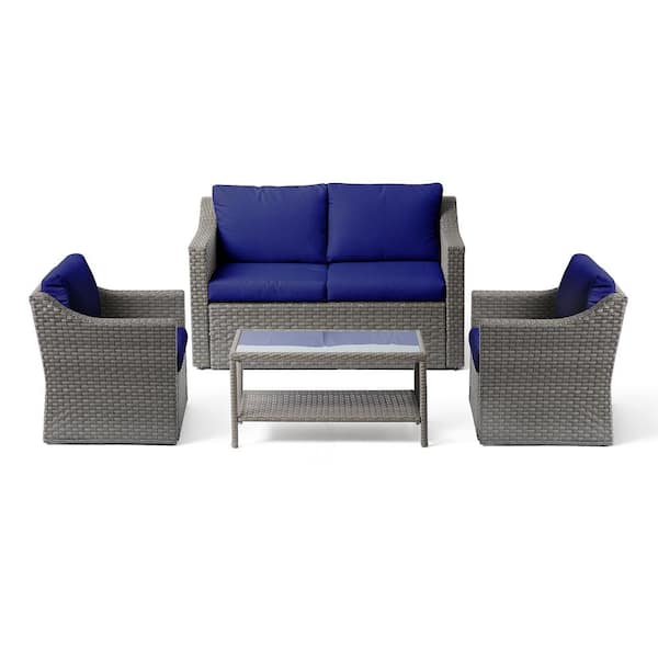 New Heights Bensen 4-Piece Rattan Patio Conversation Set with Navy Cushions