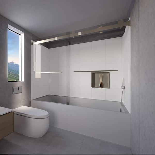 NuVo Winter White-Tetherow 60 in. L x 32 in. W x 83 in. H Rectangular Tub/ Shower Combo Unit in Brushed Nickel Right Drain
