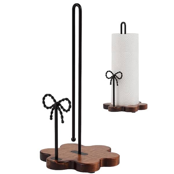 Farmhouse Wood and Iron Paper Towel Holder Countertop, Floral Base with Antique Brown Bow Decor for Home