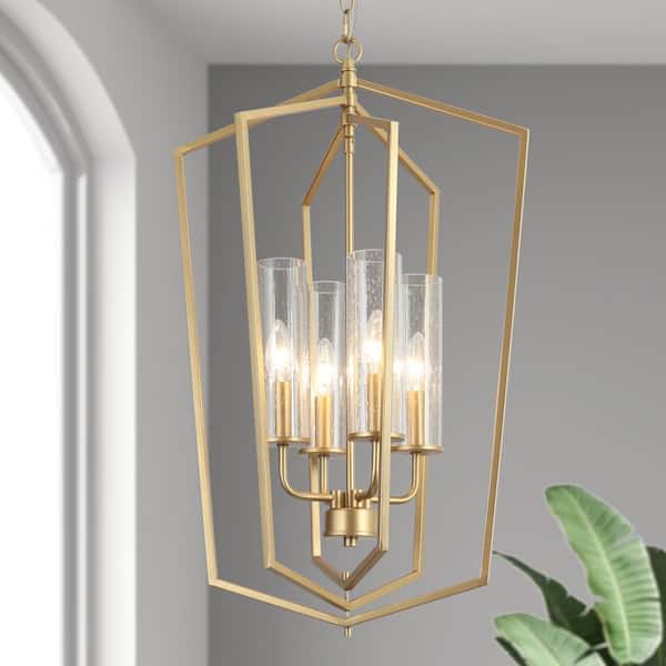 Zevni 4-Light Gold Modern Cage Chandelier, Seeded Glass Island Pendant Light, DIY Linear Dining Room Pendant Hanging Light
