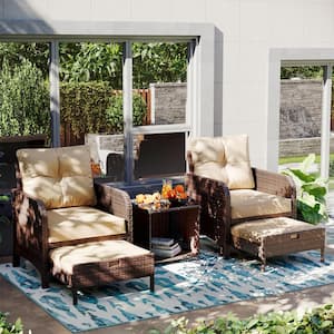 5-Piece Wicker Patio Conversation Set, Outdoor Chairs with Beige Cushions, Coffee Table and Ottomans