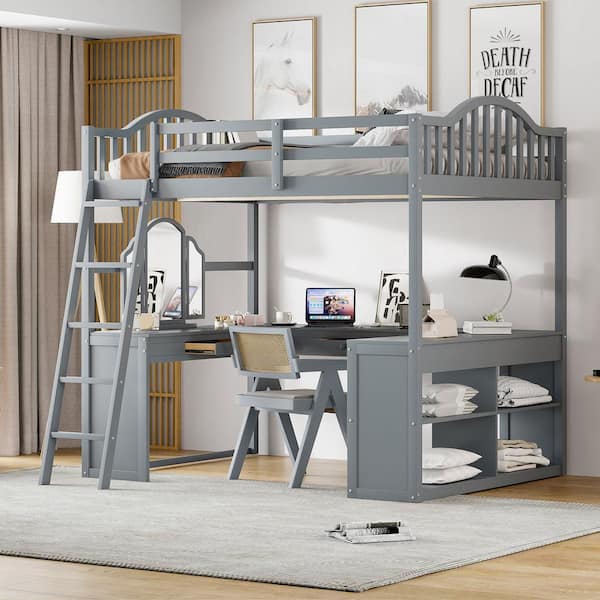 Gray Full Wooden Loft Bed with Tri-Fold Mirror, U-Shaped Desk and Drawer