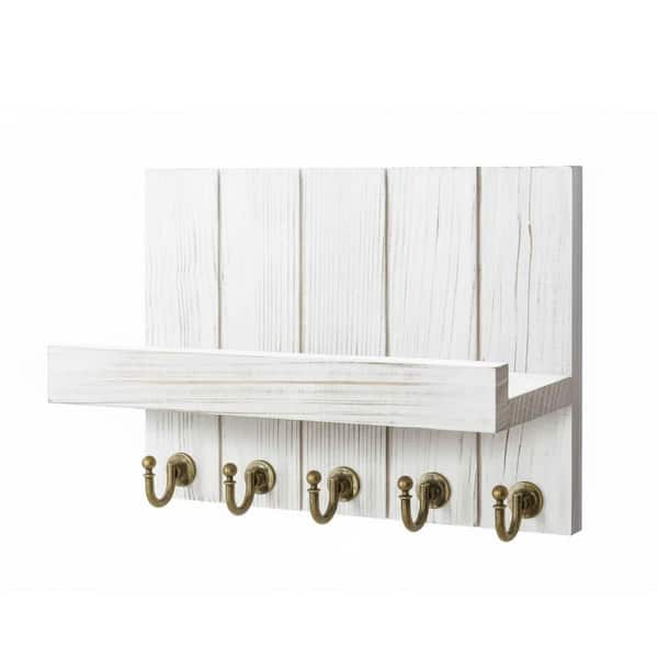 10 in. W x 3.54 in. D Whitewash Wood Decorative Wall Shelf Mail Organizer Wall Mount with 5 Key Hooks