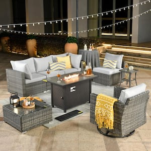 Sanibel Gray 8-Piece Wicker Outdoor Patio Conversation Sofa Sectional Set with a Metal Fire Pit and Light Gray Cushions