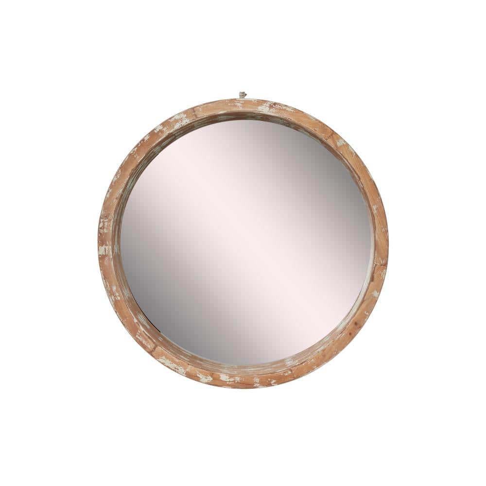 Vintage Round Brown Wood Wall Mirror