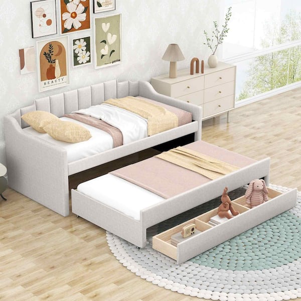 Polibi Beige Twin Size Upholstered Daybed with Trundle and 3-Drawers