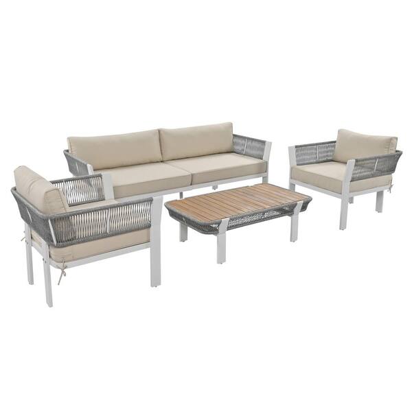 Runesay 4-Piece Metal Gray Rope Patio Outdoor Conversation Sectional Sofa Set with Coffee Table and Waterproof Beige Cushion