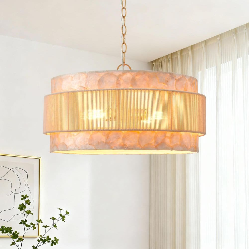 KAWOTI Gold Pendant 4-Light with Cotton Rope Seashell-Effect Shade ...