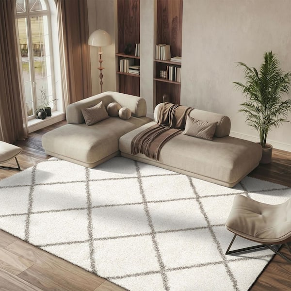 Hudson Shag 11 ft. x 15 ft. Ivory/Gray Geometric Diamonds Area Rug