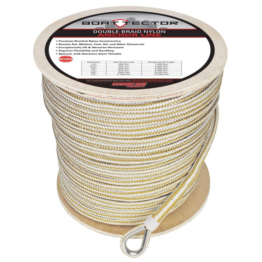 Extreme Max 1/2 in. x 600 ft. BoatTector Double Braid Nylon Anchor Line  with Thimble in White and Gold 3006.2270 - The Home Depot