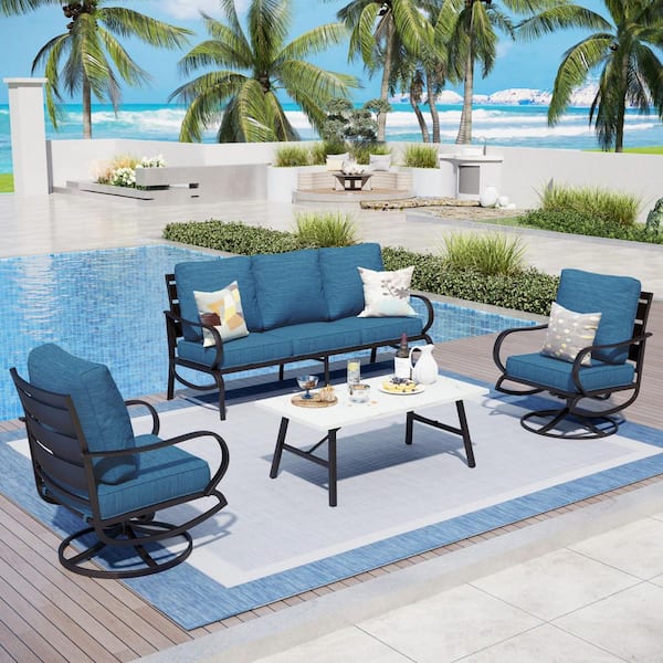 PHI VILLA Metal 5 Seat 4-Piece Steel Outdoor Patio Conversation Set With Swivel Chairs Peacock Blue Cushions Marble Pattern Table