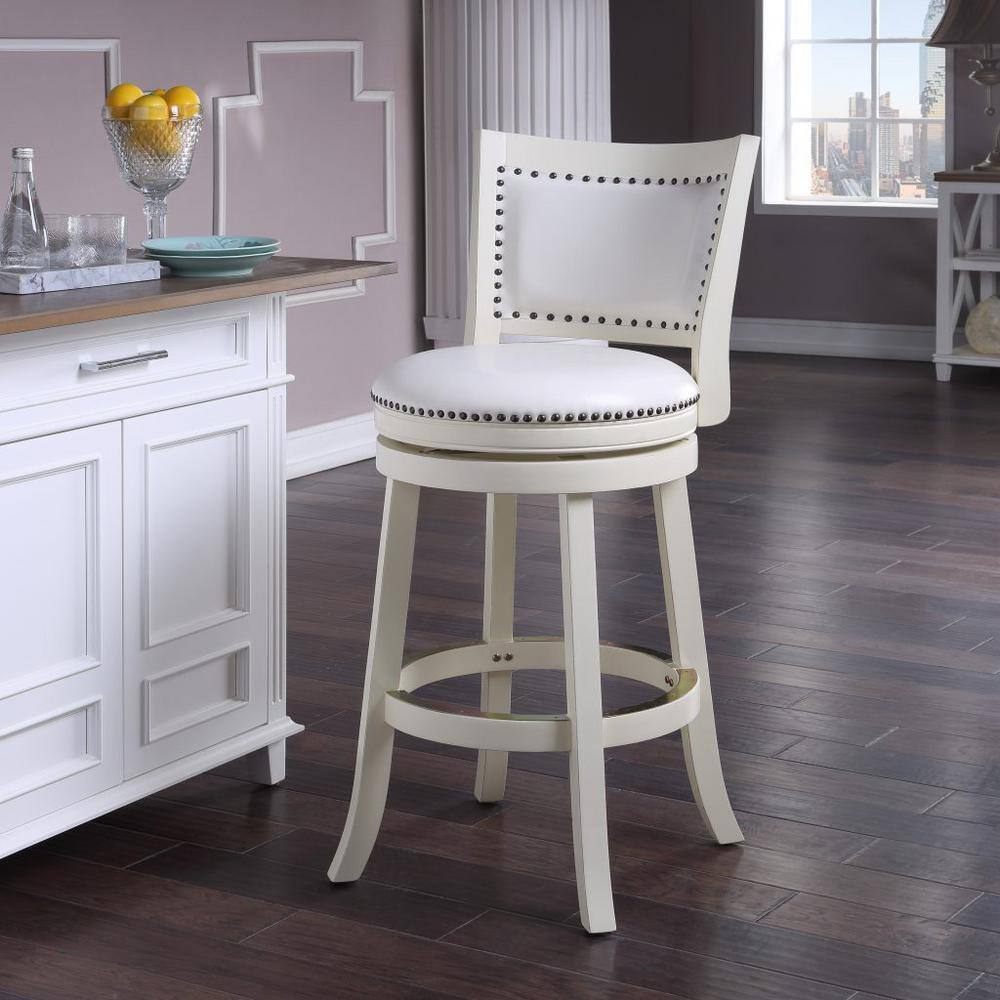 Elegant Traditional White Leather Swivel Bar Stool with Brass Nailhead Trim