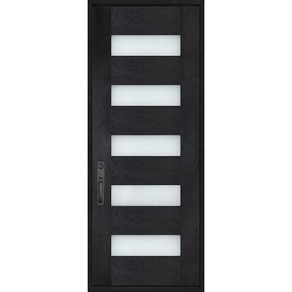 Regency 36 in. x 80 in. 5L Modern Frosted Glass RHIS Onyx Stain Fiberglass Prehung Front Door w/ 8011 Black Lockset