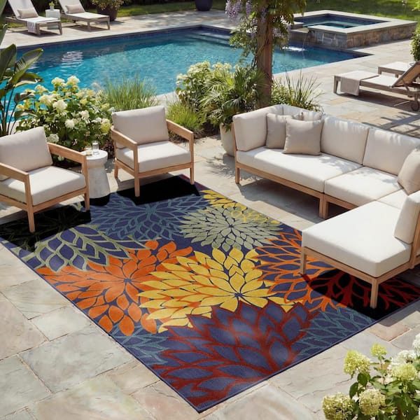 Aloha Navy Multicolor 10 ft. x 14 ft. Floral Contemporary Area Rug