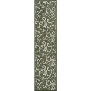 Maribel Green/Cream 2 ft. x 8 ft. Traditional Classic All-Over Scroll Indoor/Outdoor Runner Rug