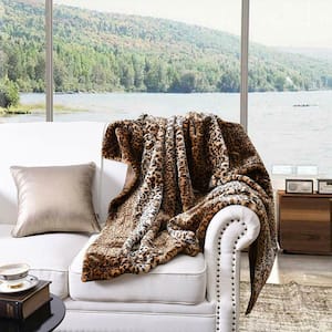 Brown/Multi Leopard Print Faux Fur Polyester Throw Blanket