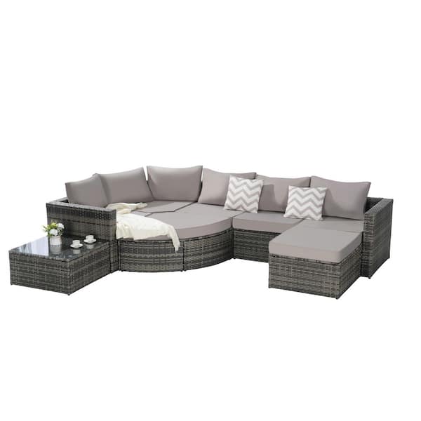 Unbranded 8-Piece Wicker Outdoor Sectional Set with Light Gray Cushions, Curved Sofa Ottoman and Glass Top Table