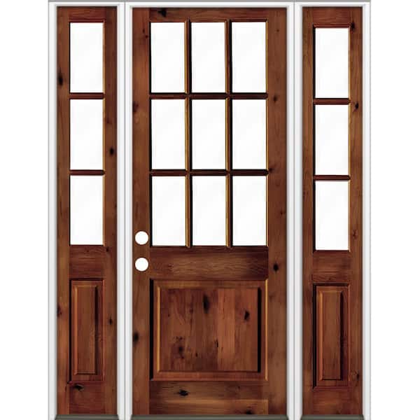 Krosswood Doors 70 in. x 96 in. Rustic Knotty Alder Clear 9-Lite Red Chestnut Stain Wood Right Hand Single Prehung Front Door/Sidelites