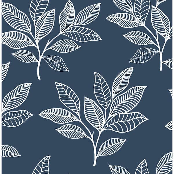 Blue and White Stylized Leaves Vinyl Peel and Stick Wallpaper Roll (Covers 30.75 sq. ft.)