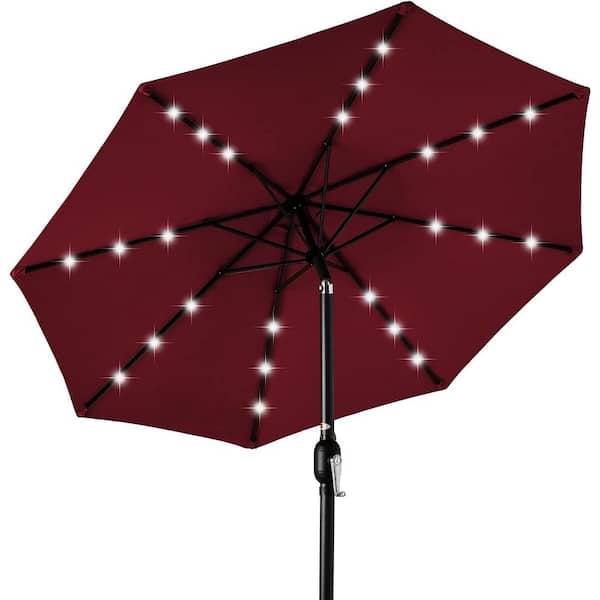 10 ft. Aluminum with Tilt Umbrella Solar Powered Aluminum Polyester LED Patio Light Burgundy Red, Beach Word Umbrella