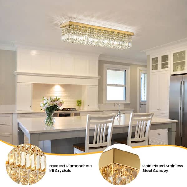 WDETR 40 in. Modern 8-Light Gold Rectangle Crystal Ceiling Light