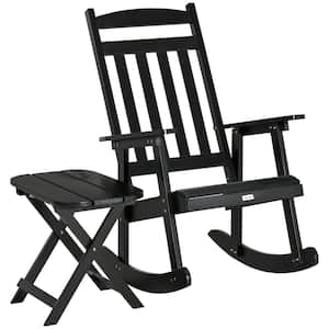 Black Wood Outdoor Rocking Chair with Foldable Table for Patio, Backyard and Garden