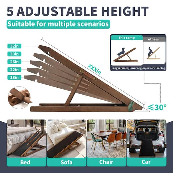 Dog Ramp with Side Rails 5 Level Adjustable Folding Pet Ramp 45 in. L x 18 in. W x 24 in. H Dog Ramp, Brown