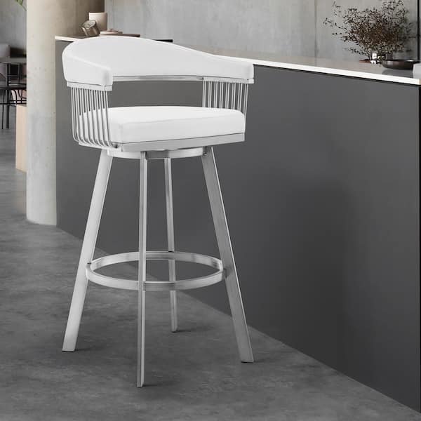 Armen Living Bronson 26 in. Low Back White Faux Leather and Brushed Stainless Steel Swivel Bar Stool