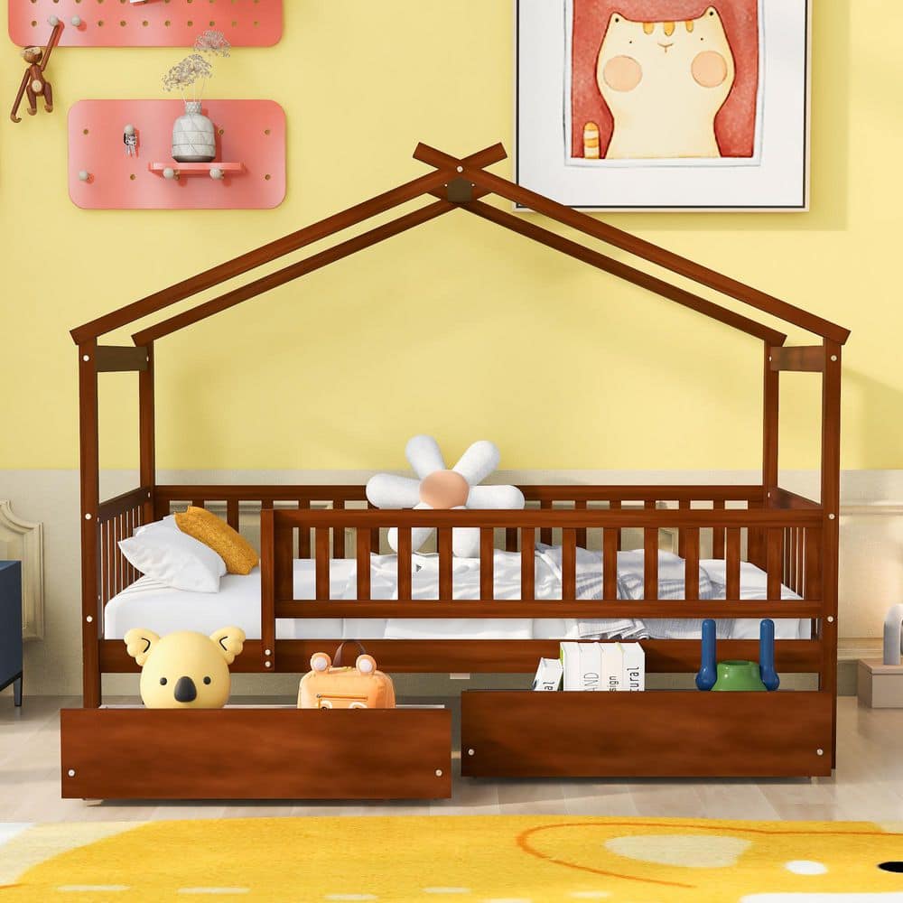 Walnut Brown Wood Frame Twin Size Platform Bed with 2-Drawers