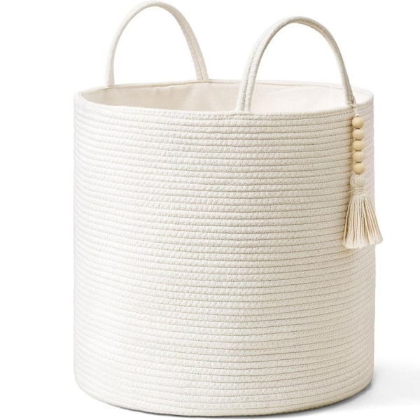 White 15 in. x 17.7 in. Jute Decorative Basket with Handles