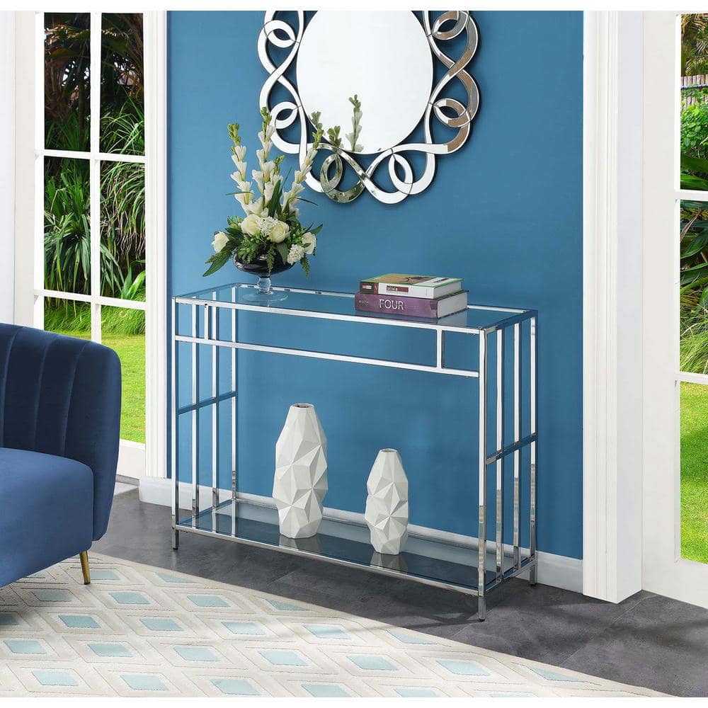 Mission Clear Glass and Chrome Console Table with Storage