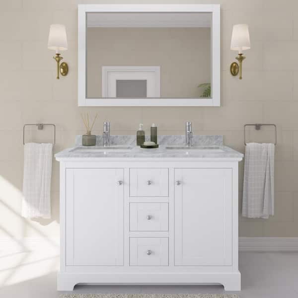Avery 48 in. W x 22 in. D Double Vanity in White with Marble Vanity Top in White Carrara with Square Basins