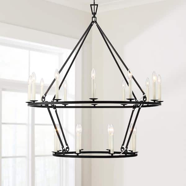 TRUE FINE Williston 40 in. 20-Light Black Candle Style Wagon Wheel Chandelier