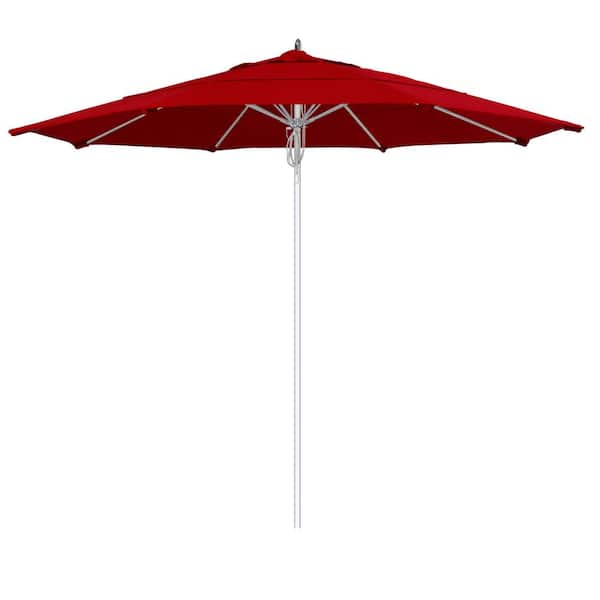 California Umbrella 11 ft. Silver Aluminum Commercial Market Patio Umbrella Fiberglass Ribs and Pulley lift in Red Sunbrella