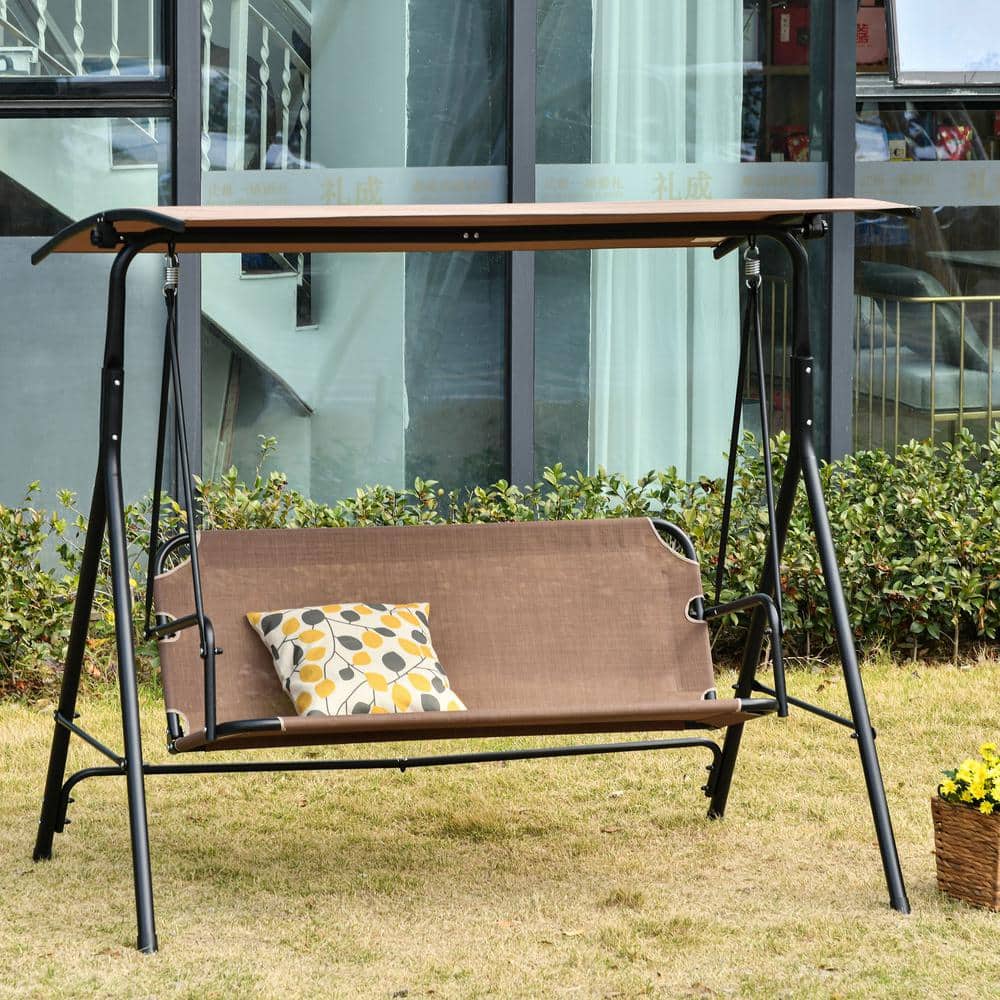 Brown Steel Frame 2-Seater Patio Swing Chair with Adjustable Canopy