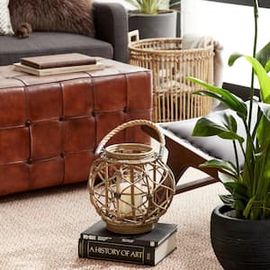 Round Brown Woven Rattan Lantern Candle with Burlap Jute Rope Handle and Glass Insert