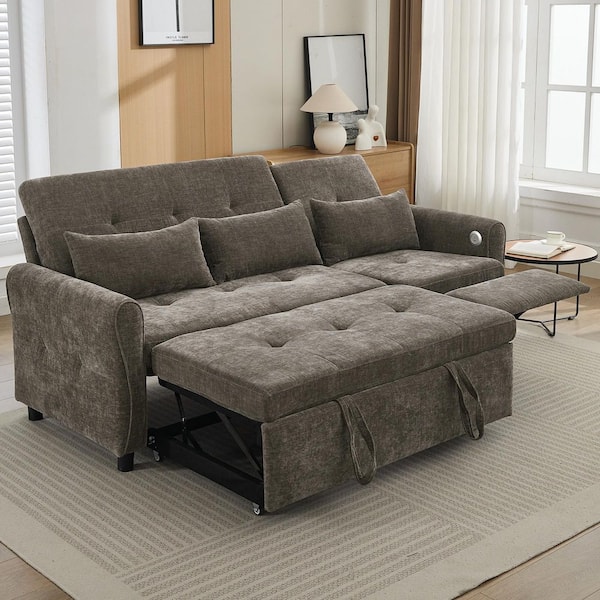 82 in. Innovative 2-in-1 Dark Gray Chenille Twin Size Sofa Bed with Reversible Recliner, USB Charging Ports