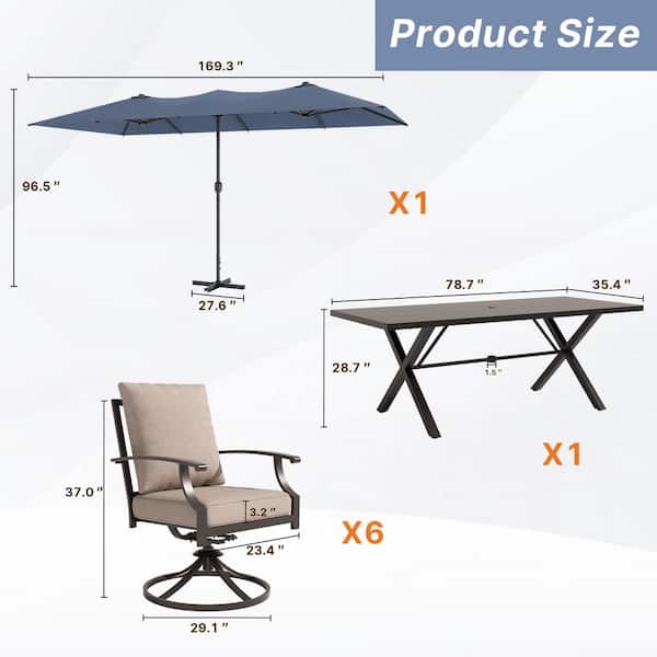 7-Piece Metal Patio Outdoor Dining Set with 6 Swivel Chairs, Large Table, Umbrella and Sand Cushions