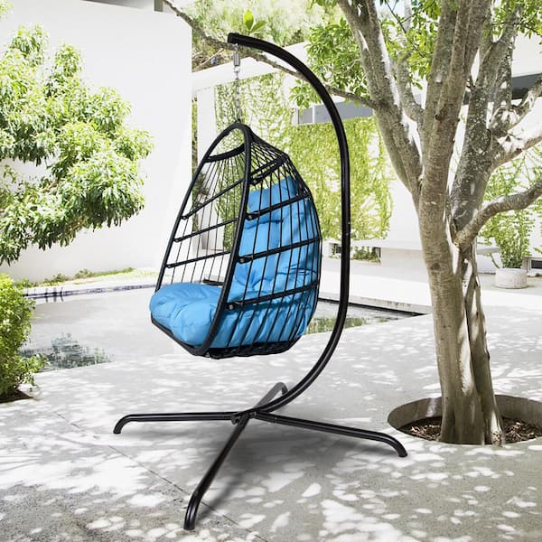 Afoxsos 38 in. Black PE Wicker Patio Swing Egg Chair with Blue Cushion, Pillow and C Type Bracket, Patio Folding Hanging Chair