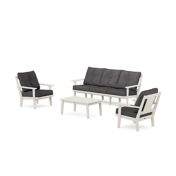 POLYWOOD Prairie 4-Pcs Plastic Patio Conversation Set with Sofa in Sand/Ash Charcoal Cushions