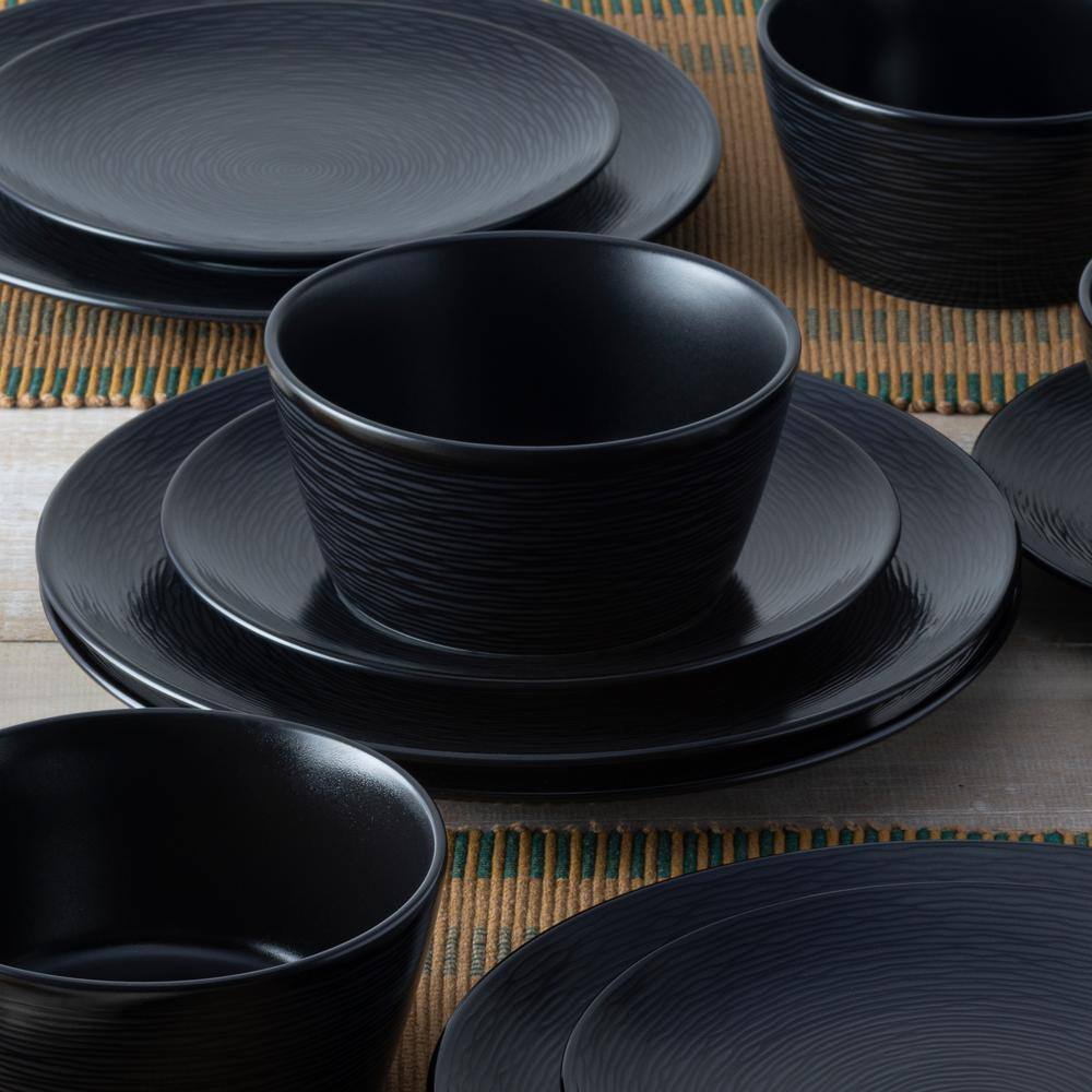 Black Porcelain 12-Piece Swirl Coupe Dinnerware Set