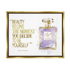 Beauty Begins Designer Quote Perfume Bottle by Amanda Greenwood Floater Frame Typography Wall Art Print 21 in. x 17 in.