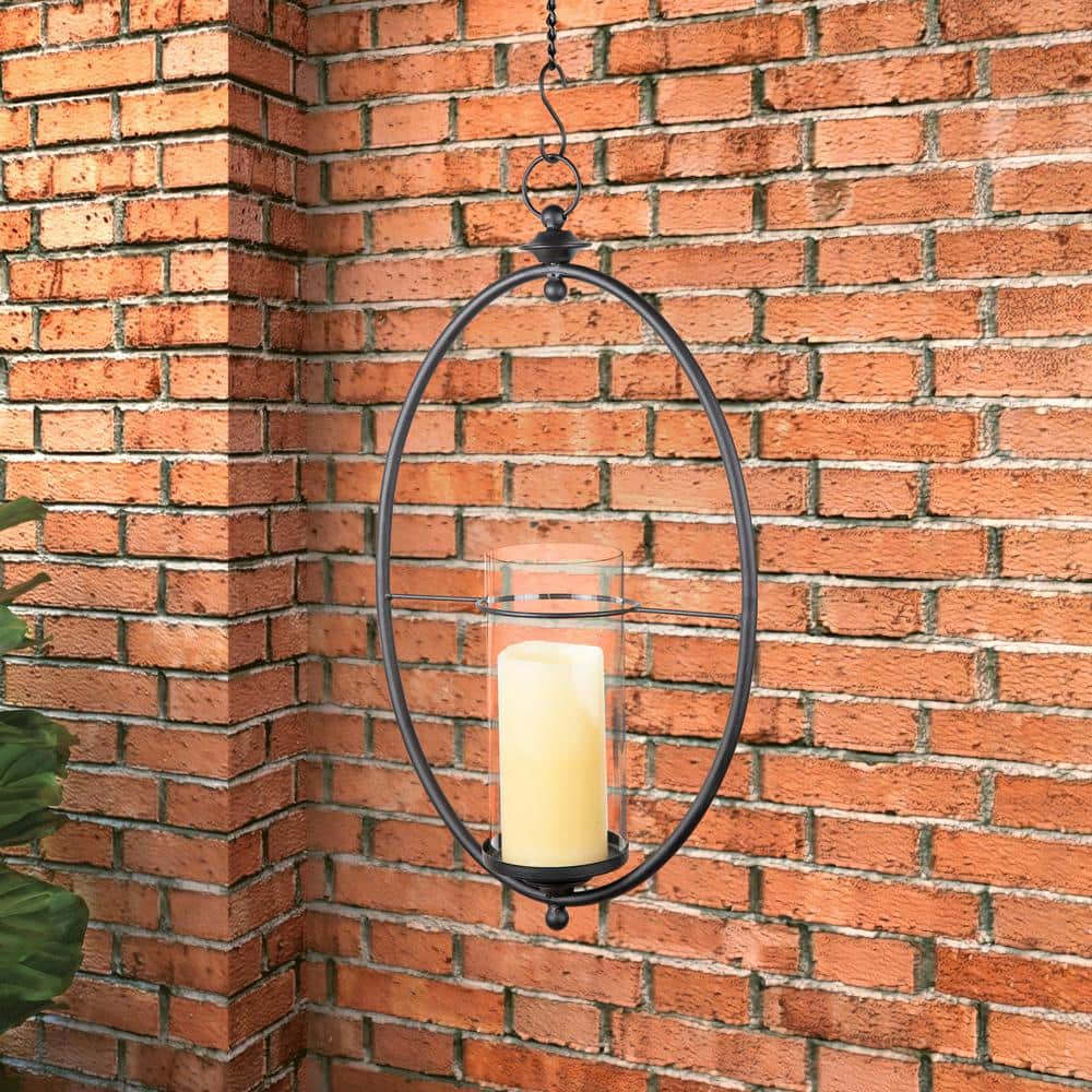 Oval Black Wrought Iron and Glass Hanging Hurricane Candle Sconce