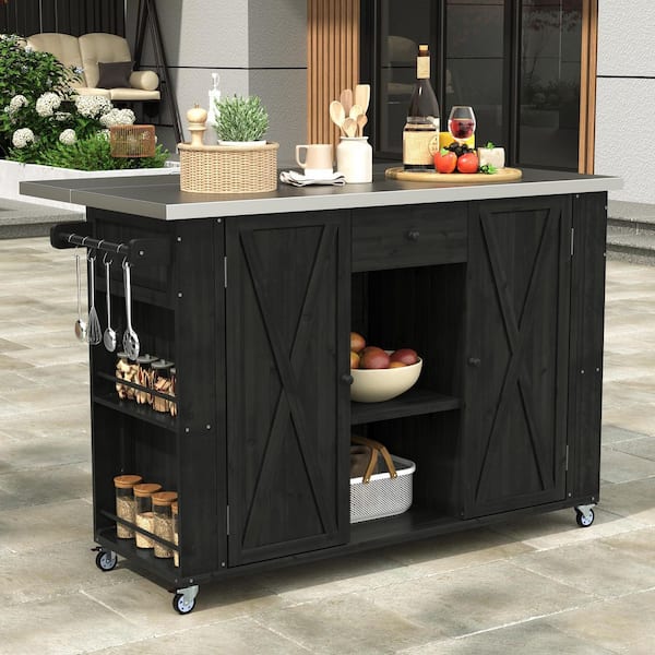 Black Fir Wood Outdoor Bar Cart Kitchen Island with Stainless