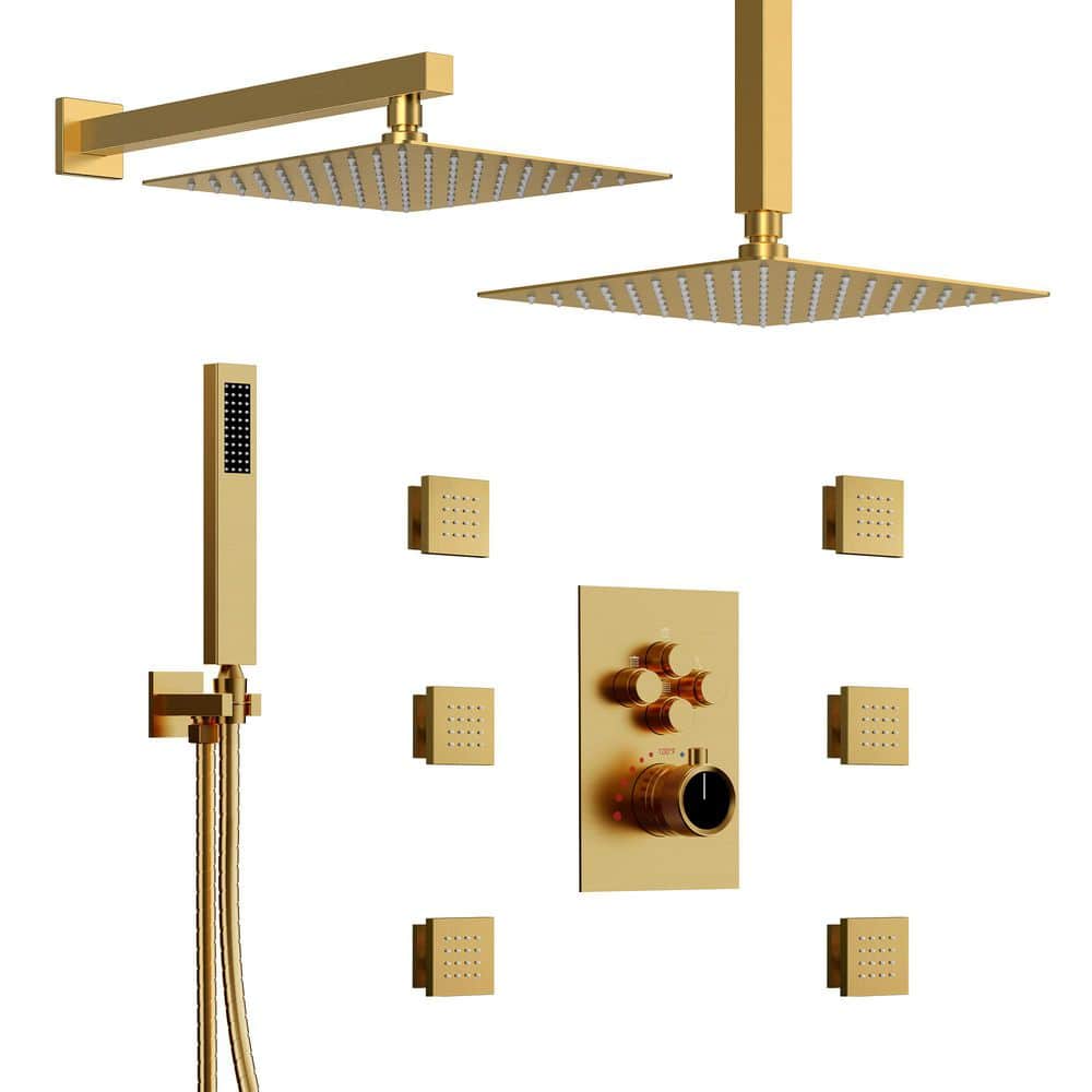 GRANDJOY 15-Spray Square 12 in. Thermostatic Multifunction Shower