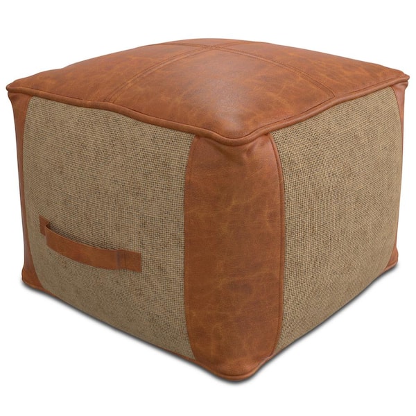 Simpli Home Atkinson Boho Tan Genuine Leather Square Pouf