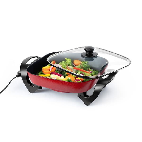 12 in. Red Electric Skillet with Glass Lid and Adjustable Temperature Control