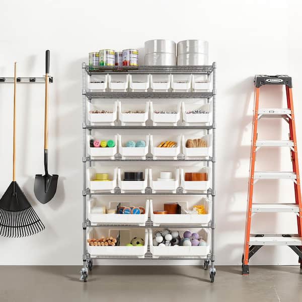 7-Tier Rolling Bin Storage Rack with 22 Organizer Bins, Mobile Steel Wire Shelving with Wheels for Office, 2025 Update